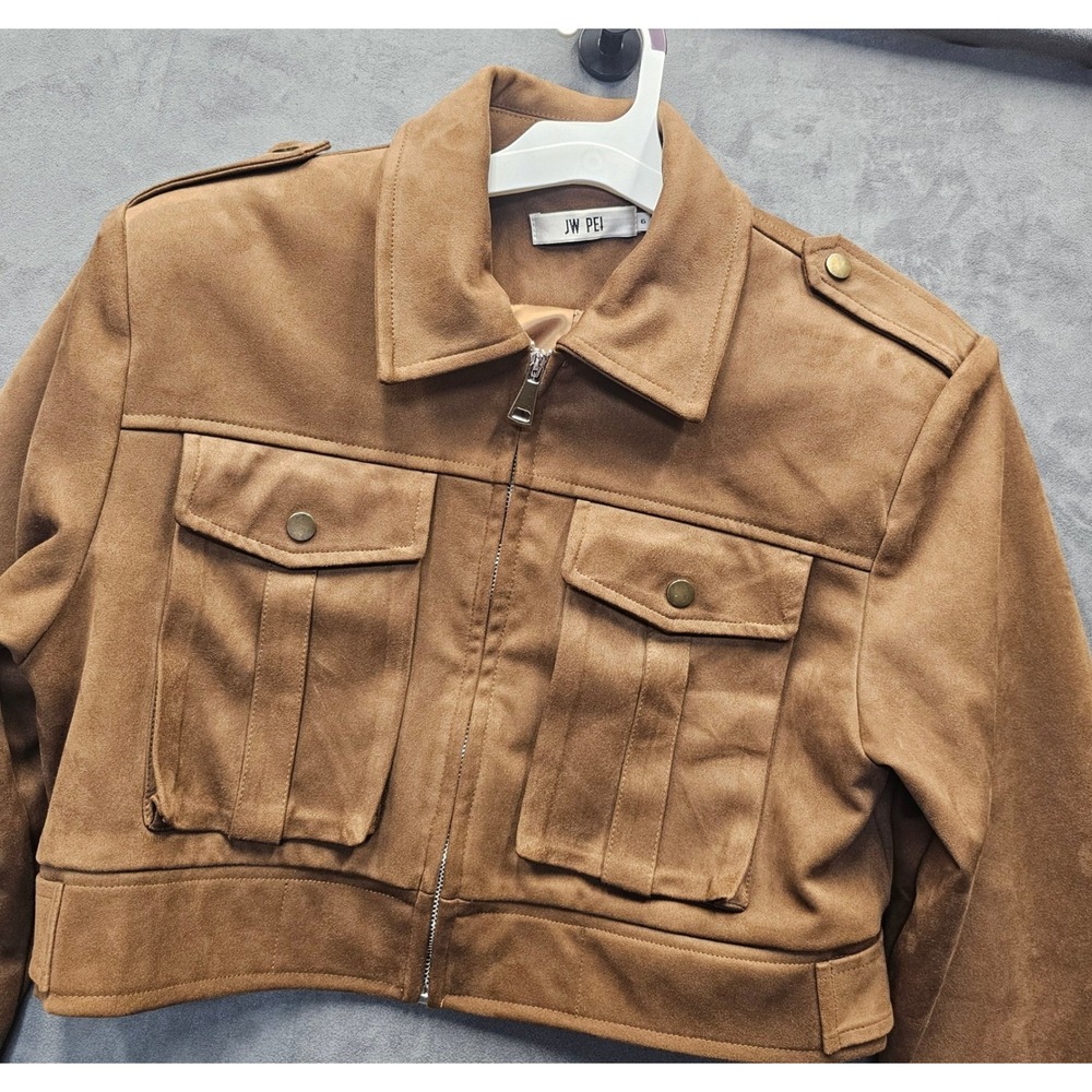 JW PEI Women Tan Brown Faux Suede Cropped Utility Zip Jacket Size 6